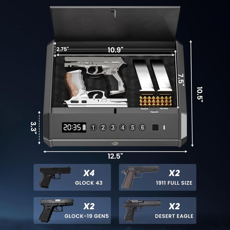 For Shine Biometric Gun Safe for Pistols Handgun Safe with Fingerprint Digital PIN Key Gun Lock Box Storage for Home Bedroom Bedside Nightstand and Car, 3-Ways unlock with Emergency Power Supply - Image 5